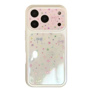 Holographic star and bow pattern phone case for iPhone 16 Pro Max, stylish cream cover