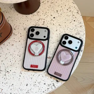 Detail view of retro striped iPhone cases featuring heart-shaped magnetic ring stands