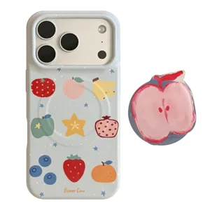 Fresh blue iPhone case with cute fruit graffiti and matching pink apple phone grip stand