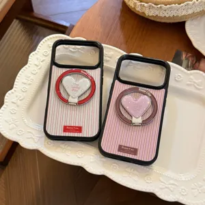Detail view of retro striped iPhone cases with heart-shaped ring stand in two colors