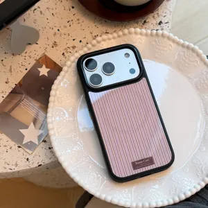 Retro American style striped iPhone case with elegant purple and beige vertical patterns