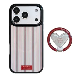 Retro red and white striped iPhone case with matching magnetic heart ring stand.