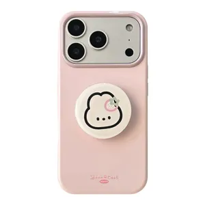 Coque iPhone mignonne avec avatar animal et support rond pliable assorti en rose pastel
