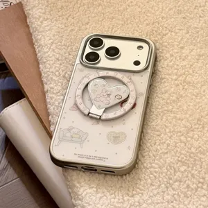 Gros plan d'une coque iPhone avec anneau magnétique en cœur et motif de lapin mignon