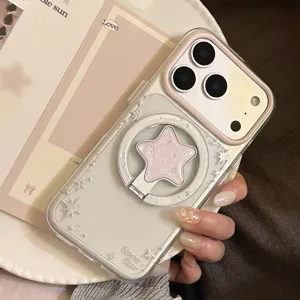 Dettaglio custodia iPhone trasparente con supporto magnetico a stella rosa glitter.