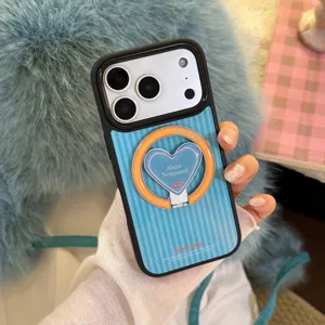Blue striped heart iPhone case with orange magnetic ring stand for Pro Max models