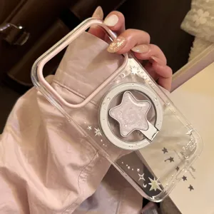 Dettaglio della custodia trasparente per iPhone con supporto ad anello a stella.