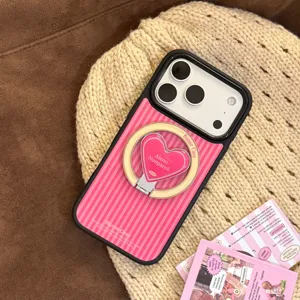 Detailed view of pink striped iPhone case with a stylish heart-shaped ring holder stand