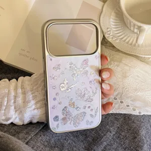 Close-up of sparkling oil painting butterfly phone case with electroplated silver frame