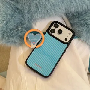 Detail view of light blue striped iPhone case with a matching heart ring holder