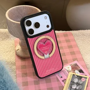 Detailed view of pink striped iPhone case with magnetic heart-shaped ring stand.