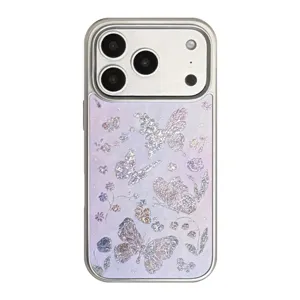 Purple glitter oil painting butterfly phone case with electroplated silver frame