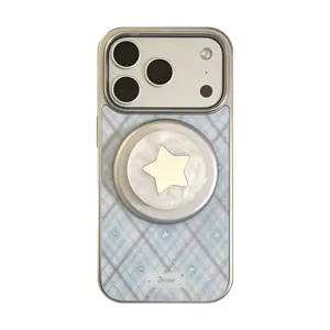 Coque iPhone à carreaux bleu clair avec étoile en nacre et support magnétique