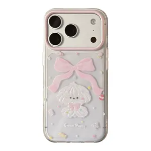 Cute Cream Puppy transparent glitter iPhone case with a stylish pink ribbon design