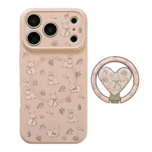 Cute pink cartoon rabbit patterned phone case for iPhone with matching MagSafe ring holder