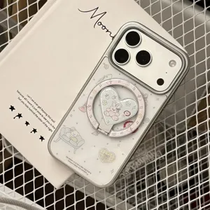 Coque iPhone cartoon mignonne avec support anneau magnétique en forme de cœur et bords