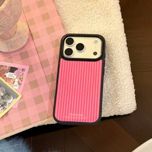 Detailed view of the pink striped iPhone case with a stylish black frame and lens protection