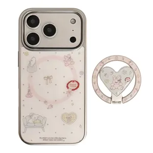 Coque iPhone dessin animé avec support magnétique cœur et cadre électroplaqué