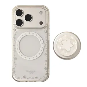 Transparant iPhone-hoesje met zilveren sterren en parelmoer MagSafe-ringhouder