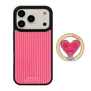 Pink vertical striped heart magnetic iPhone case set with matching circular ring holder