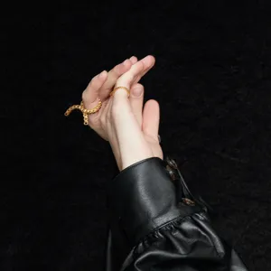Nahaufnahme von goldenen Kettenglied-Ringen mit Quasten-Detail auf schwarzem Leder