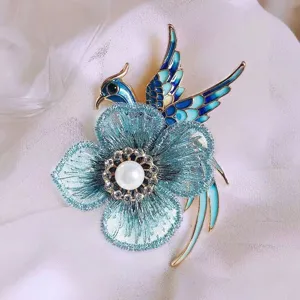 Handmade Embroidery Phoenix Flower Brooch Vintage Chinese Style Alloy Brooch With Artificial Pearl Rhinestone For Women Jewelry