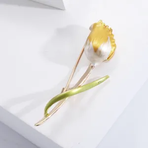 Elegant yellow and white tulip flower enamel brooch pin for women fashion jewelry
