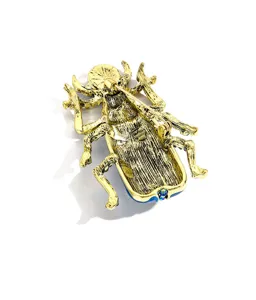 Gedetailleerd achteraanzicht van een vintage keverspeld met gouden speldsluiting