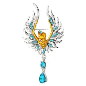 Broche de Ala de Ángel de Lujo Para Mujer Tono Dorado Plateado Diamante de Imitación Azul Pin de Solapa Doble Uso Joyería