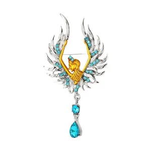 Elegante broche de alas de ángel con diamantes de imitación azules y cristal azul
