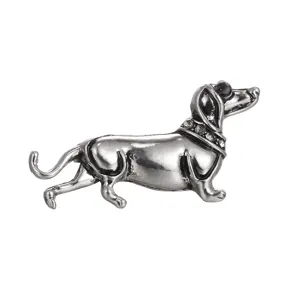 Κομψή vintage ασημί καρφίτσα σκύλου dachshund με στρασάκια για παλτά και σακάκια