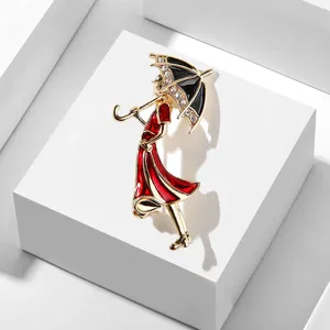 Spilla da Donna a Forma di Ragazza con Ombrello in Stile Cartone Animato Coreano Lega Smalto Rosso con Strass Gioielli alla Moda