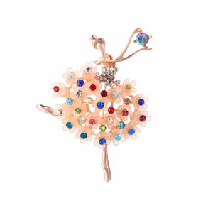 Elegante ballerina broche met kleurrijke strassteentjes en bloemenrokje.