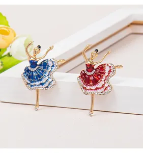 Elegante emaille ballerina broches met fonkelende strassteentjes in rood en blauw
