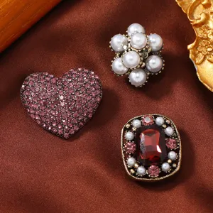 Elegant vintage brooch set with rhinestone heart pearl flower and red crystal pins