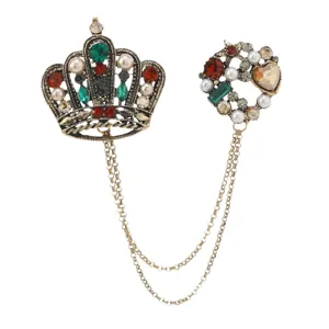 Vintage crown brooch with tassel chains, pearls and colorful rhinestones for suits