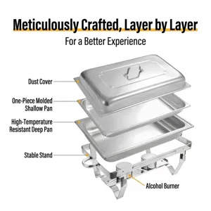 Exploded view of a stainless steel chafing dish showing lid, pans, and alcohol stove