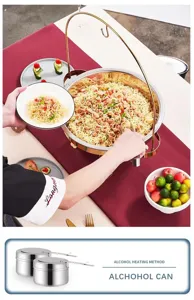 Stainless steel rotating buffet chafing dish detail view, alcohol heating hanging pot design.