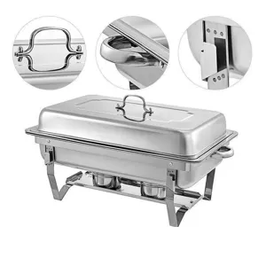 Detailed views of stainless steel buffet chafing dish with foldable legs and handles