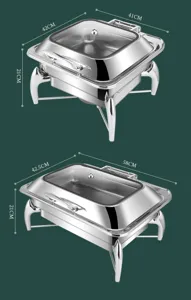 Detailed dimensions of stainless steel hydraulic chafing dishes with clear glass lids