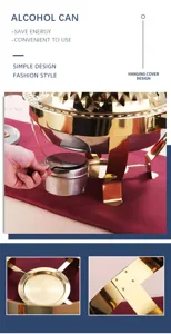 Detailed view of the luxury gold stainless steel buffet chafing dish with hanging cover design.