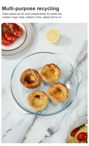 Premium round heat-resistant glass baking dish with four egg tarts on marble surface