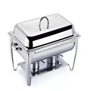 Full view of a stainless steel rectangular chafing dish with lid and fuel stand