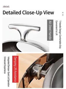 Detailed view of stainless steel buffet stove T-shaped handle and hydraulic buffer hinge.