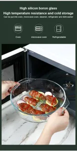 High borosilicate glass buffet server dish shown being put into a microwave oven