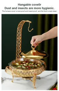 Detail view of luxury golden buffet chafing dish with functional lid hanging hook feature