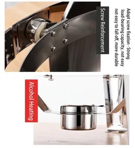 Close-up detail of stainless steel chafing dish with screw reinforcement and alcohol burner