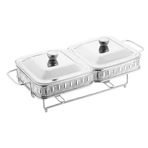Stainless steel double square chafing dish buffet food warmer with lids for restaurant use.