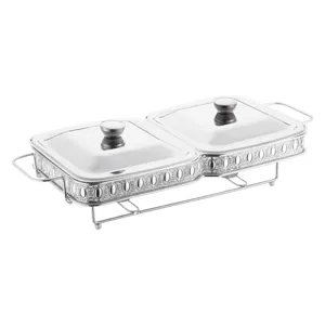 Double square glass chafing dish food warmer buffet server with stainless steel stand main view.