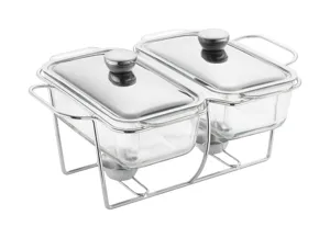 Double réchaud de buffet en verre avec support et couvercles en acier inoxydable, vue détaillée.